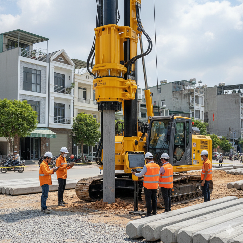 Ép cọc bê tông máy móc hiện đại