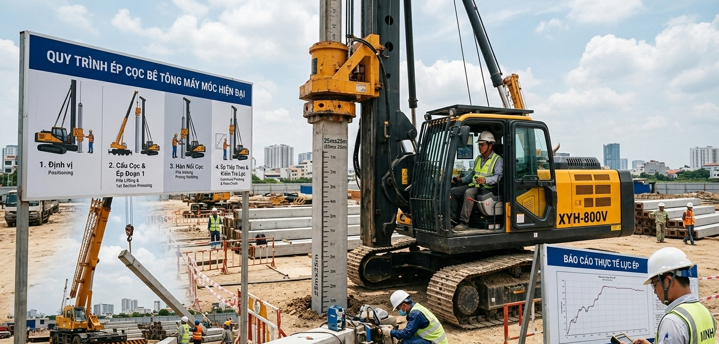 Quy trình ép cọc bê tông máy móc hiện đại